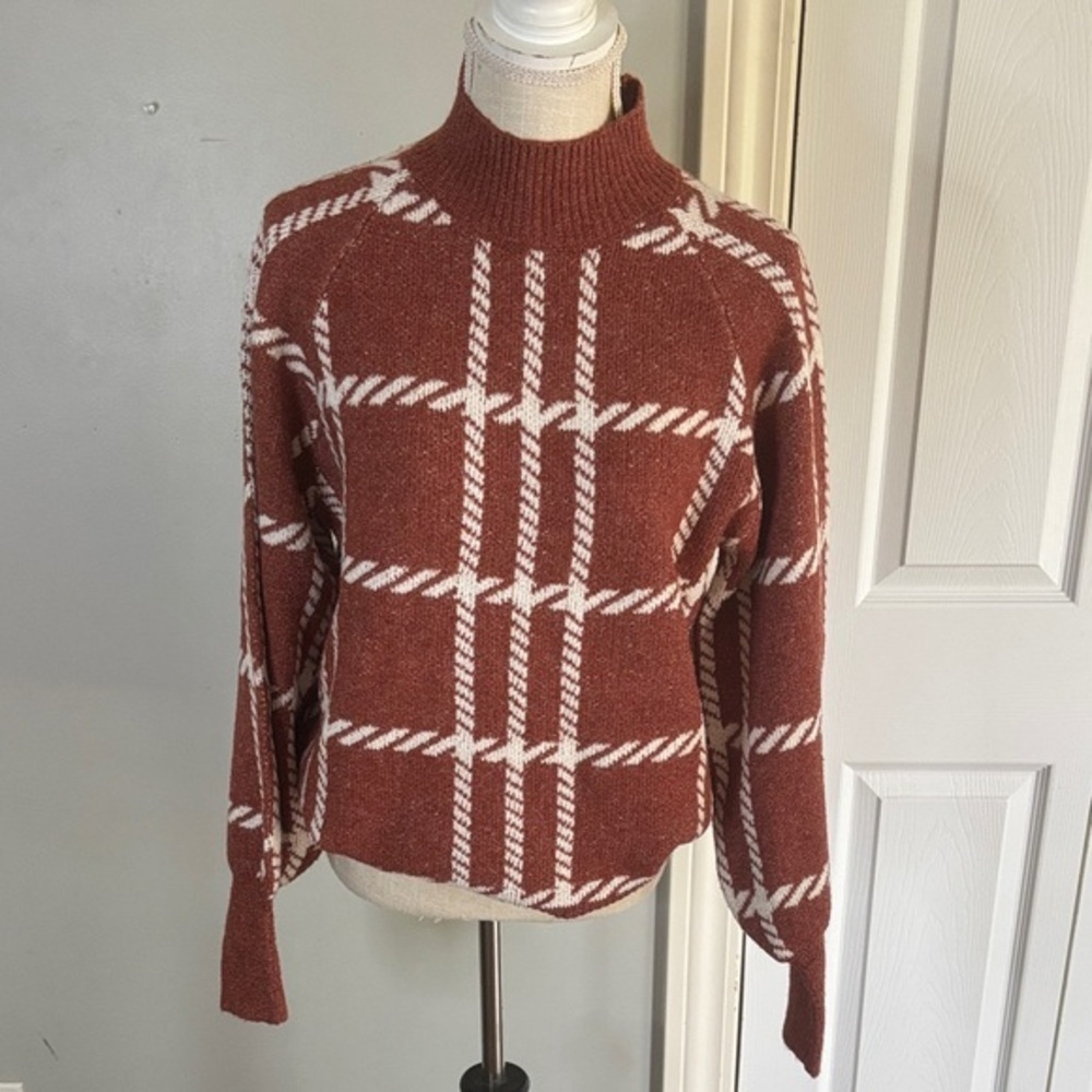 Maurices Rust and Cream Plaid Turtleneck Sweater